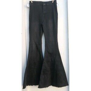 Umgee Boho High Rise Flare Jeans Size 5 Fringe Hem 70s Bell Bottom Stretch Black
